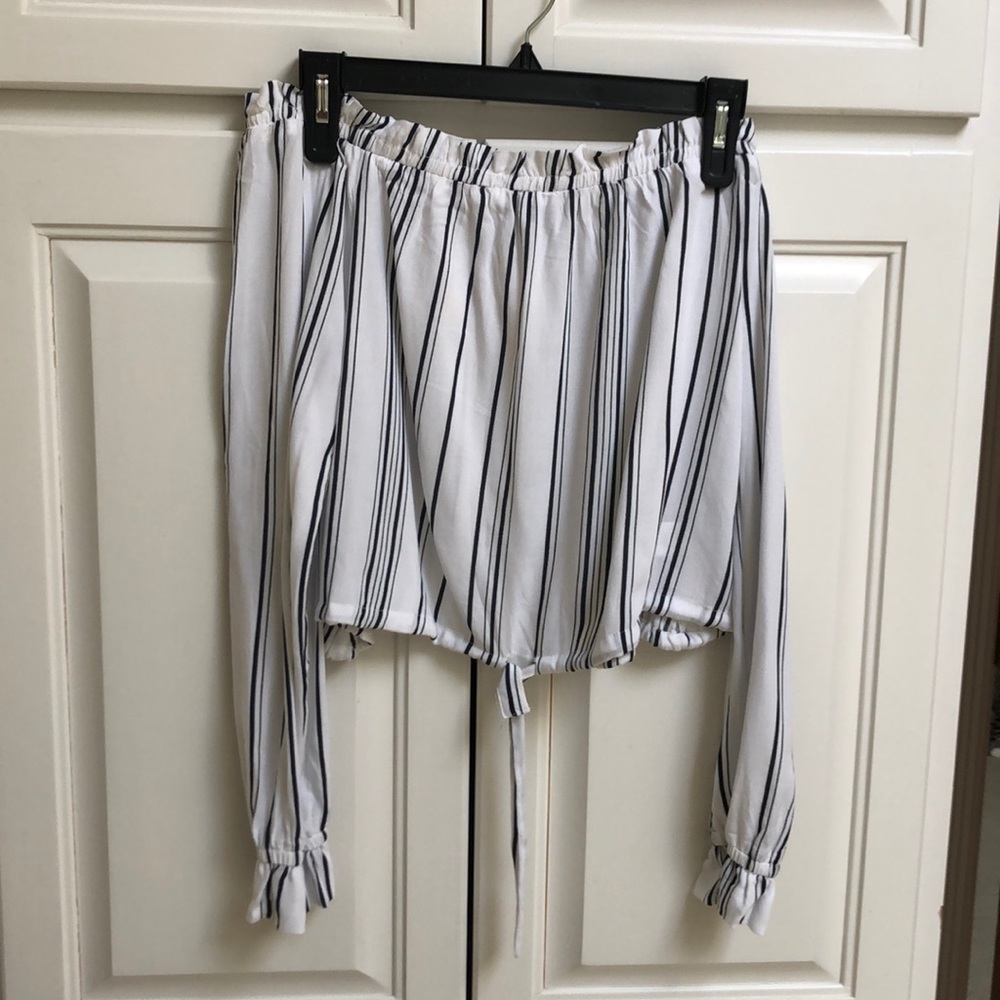White/black striped long sleeve OTS blouse